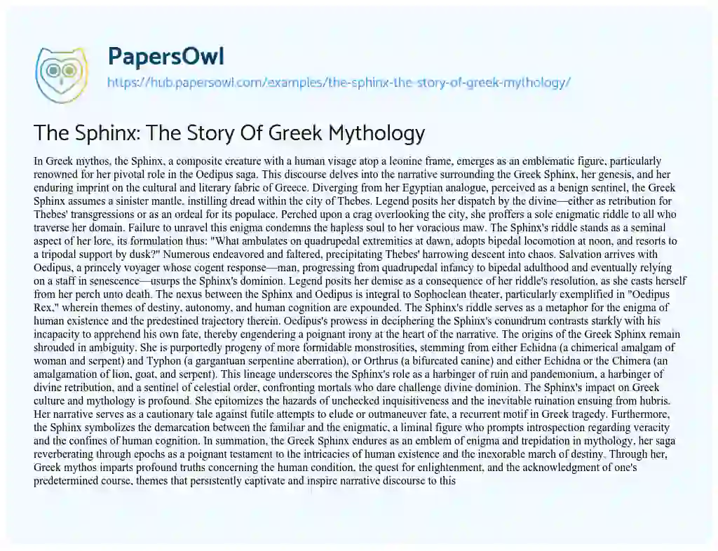 Essay on The Sphinx: The Story Of Greek Mythology
