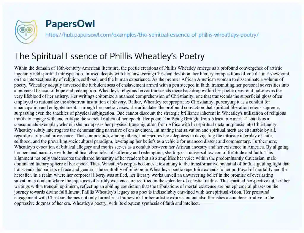 Essay on The Spiritual Essence of Phillis Wheatley’s Poetry