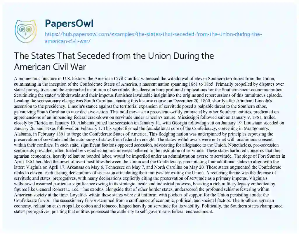 Essay on The States That Seceded from the Union During the American Civil War
