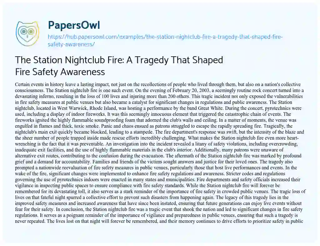 Essay on The Station Nightclub Fire: A Tragedy That Shaped Fire Safety Awareness