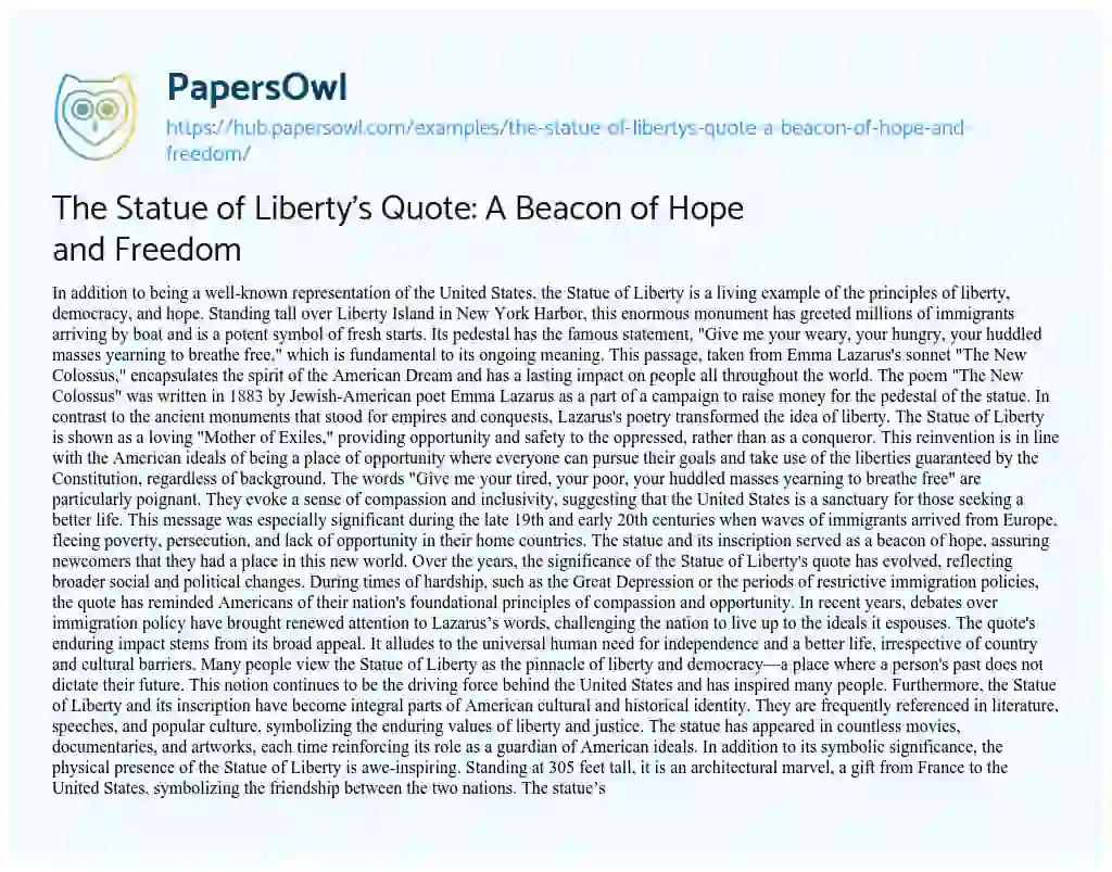 Essay on The Statue of Liberty’s Quote: A Beacon of Hope and Freedom
