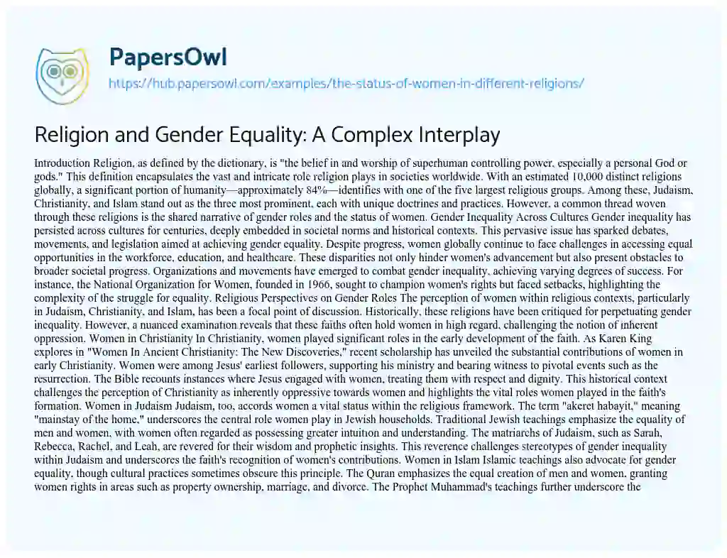 Essay on Religion and Gender Equality: A Complex Interplay