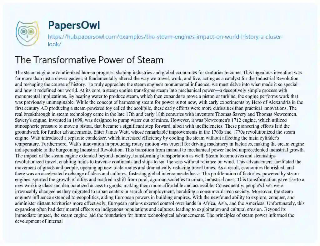 Essay on The Transformative Power of Steam