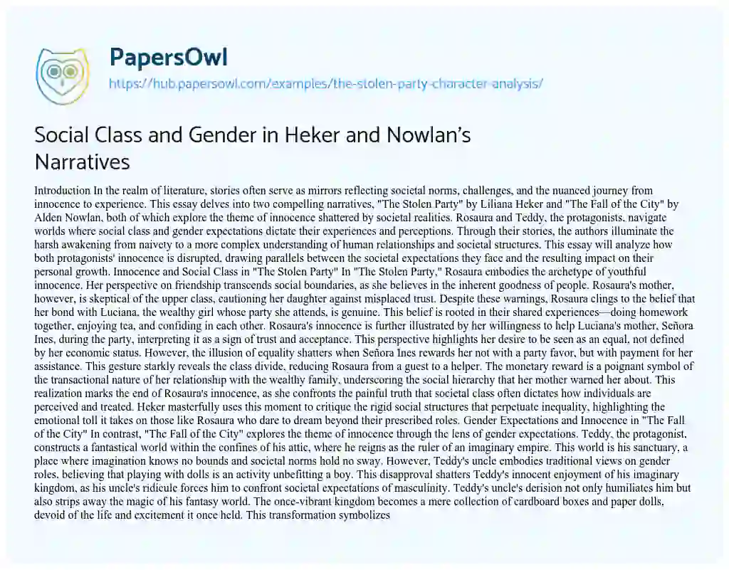 Essay on Social Class and Gender in Heker and Nowlan’s Narratives