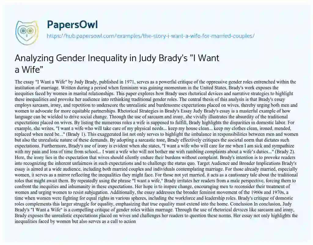 Essay on Analyzing Gender Inequality in Judy Brady’s “I Want a Wife”