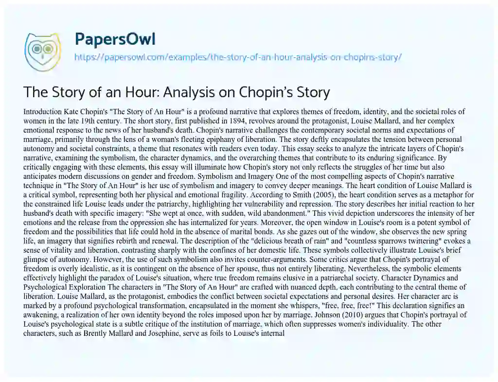 Essay on The Story of an Hour: Analysis on Chopin’s Story