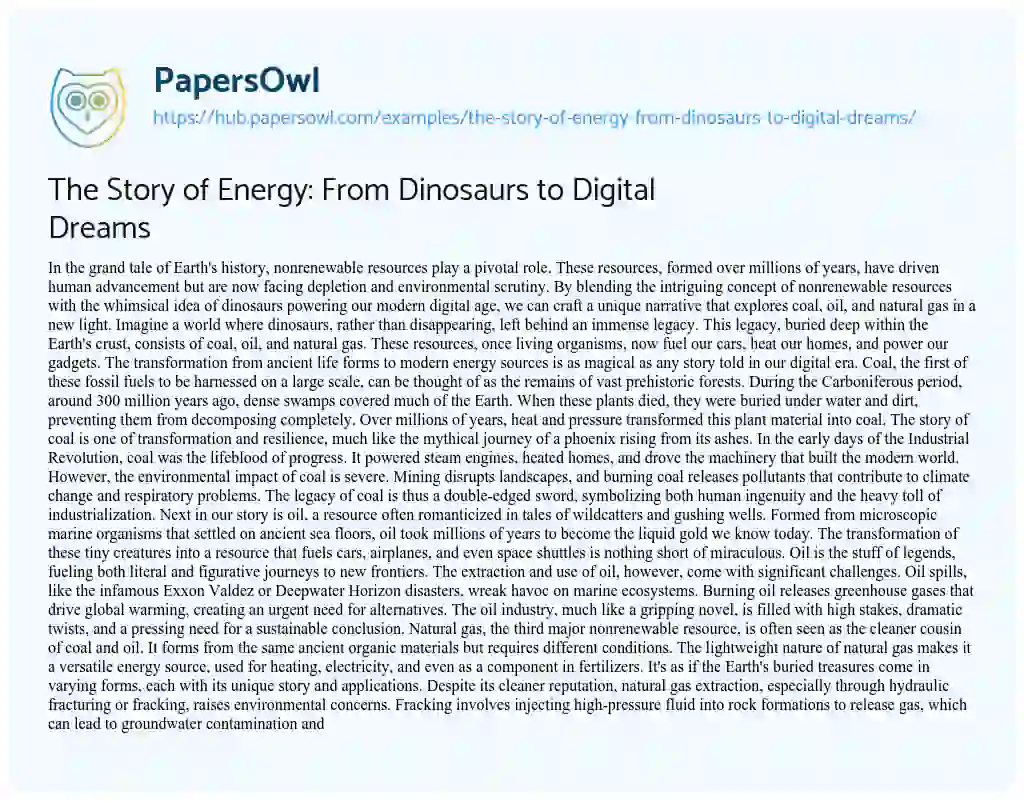 Essay on The Story of Energy: From Dinosaurs to Digital Dreams