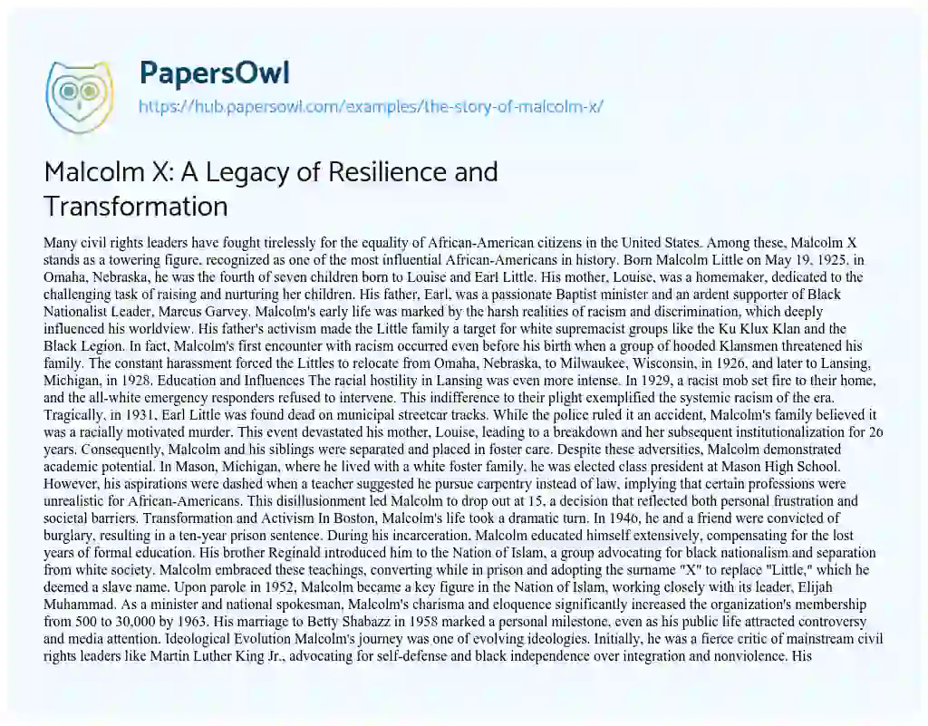 Essay on Malcolm X: A Legacy of Resilience and Transformation