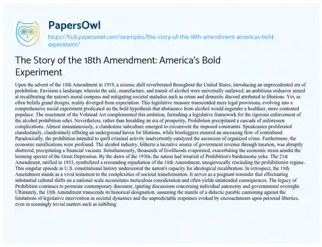 Essay on The Story of the 18th Amendment: America’s Bold Experiment