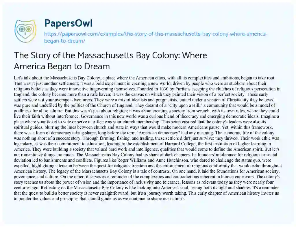 Essay on The Story of the Massachusetts Bay Colony: Where America Began to Dream