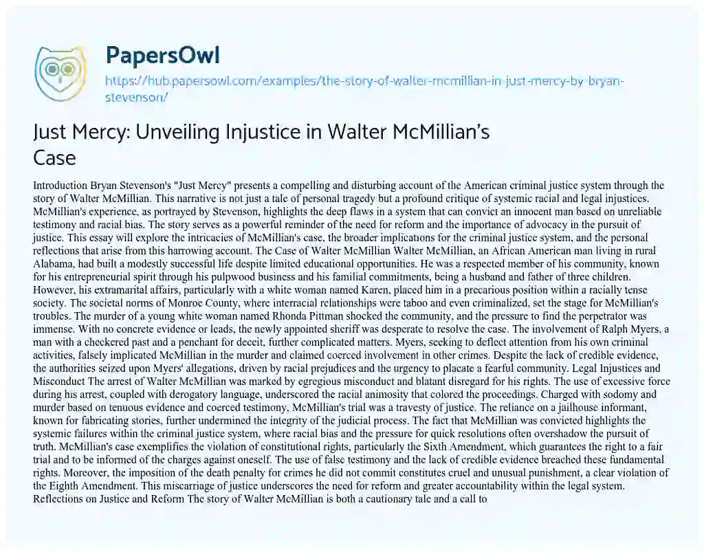 Essay on Just Mercy: Unveiling Injustice in Walter McMillian’s Case