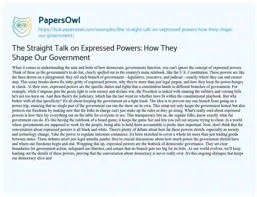 Essay on The Straight Talk on Expressed Powers: How They Shape Our Government