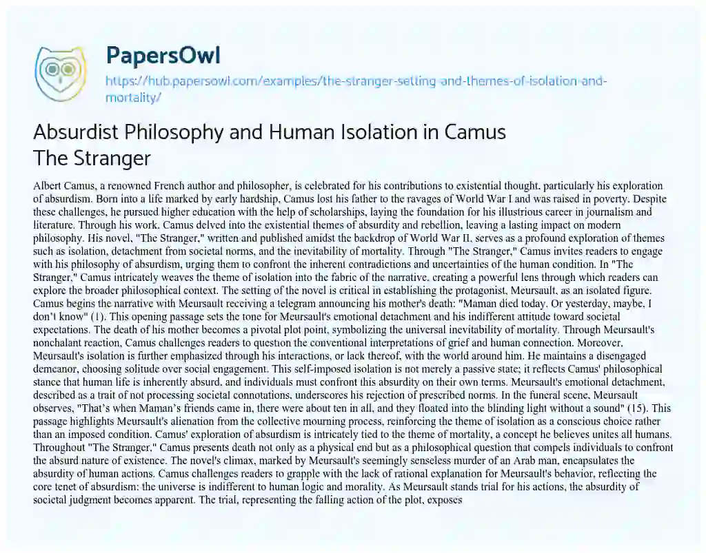 Essay on Absurdist Philosophy and Human Isolation in Camus The Stranger