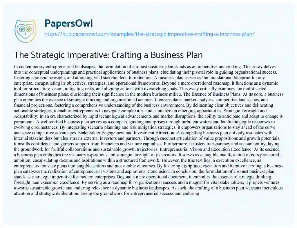 Essay on The Strategic Imperative: Crafting a Business Plan