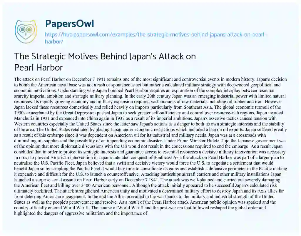 Essay on The Strategic Motives Behind Japan’s Attack on Pearl Harbor