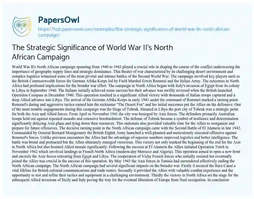 Essay on The Strategic Significance of World War II’s North African Campaign