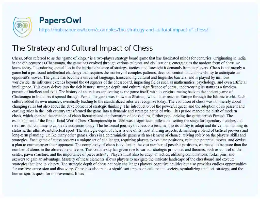 Essay on The Strategy and Cultural Impact of Chess