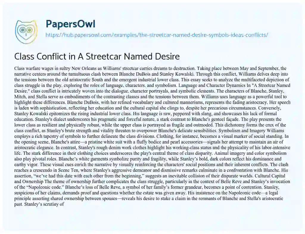 Essay on Class Conflict in A Streetcar Named Desire