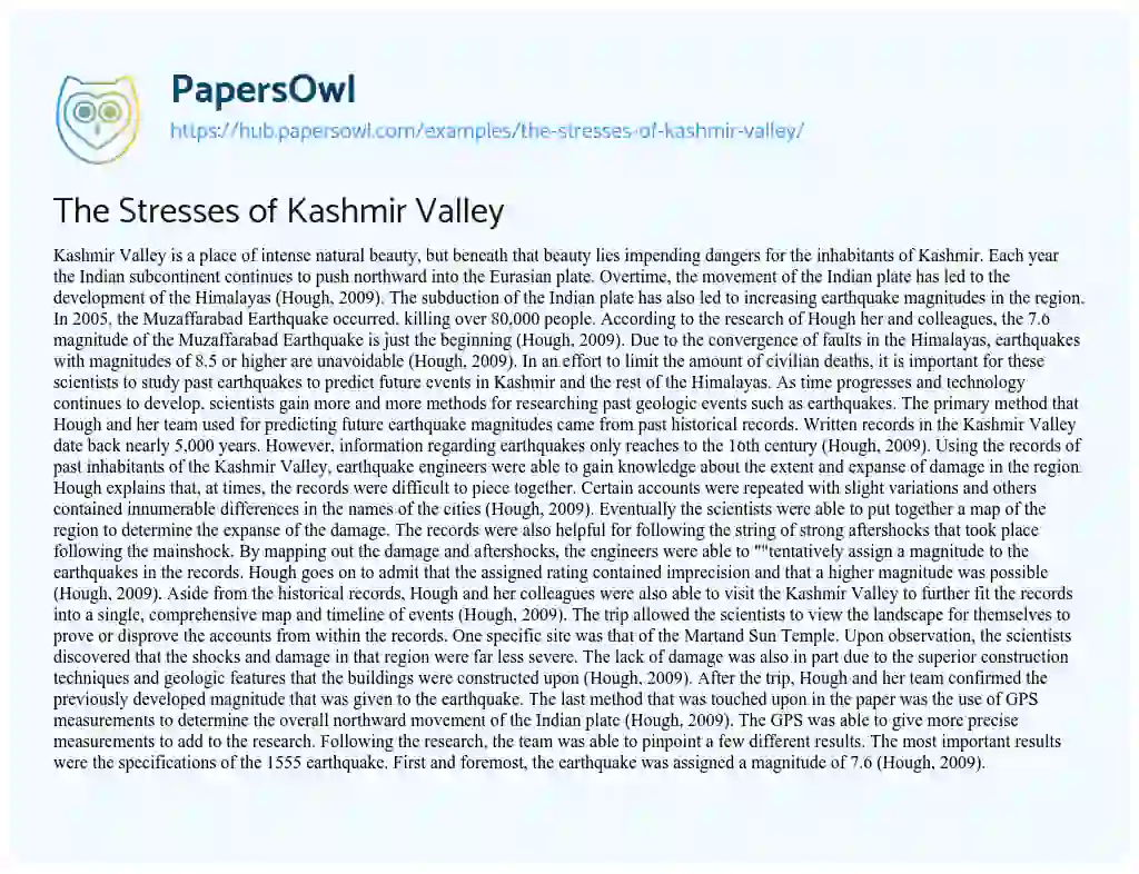 Essay on The Stresses of Kashmir Valley