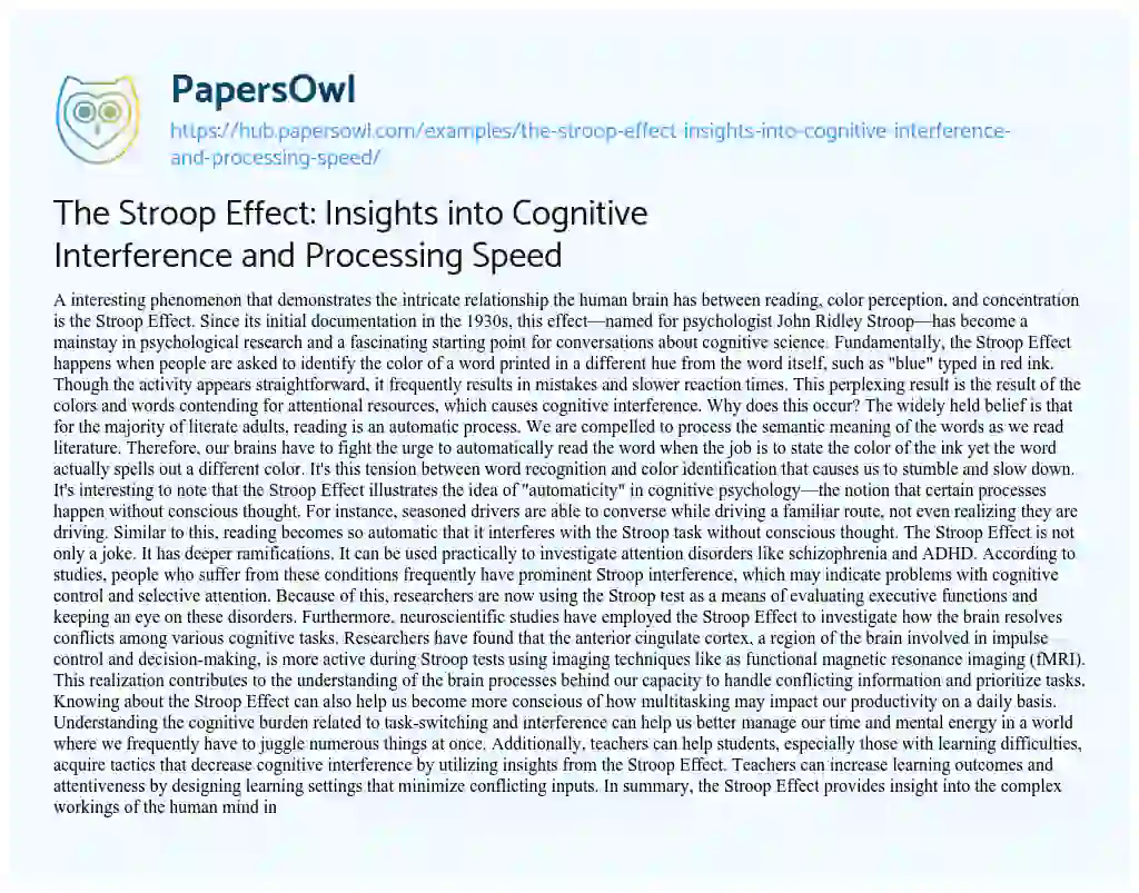 Essay on The Stroop Effect: Insights into Cognitive Interference and Processing Speed