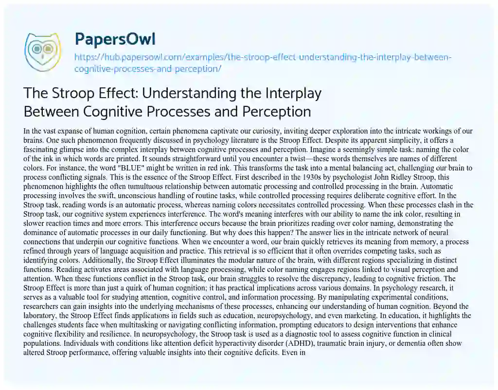 Essay on The Stroop Effect: Understanding the Interplay Between Cognitive Processes and Perception