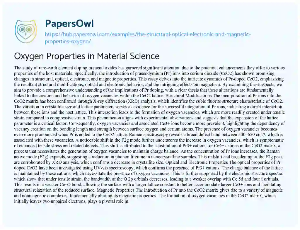 Essay on Oxygen Properties in Material Science