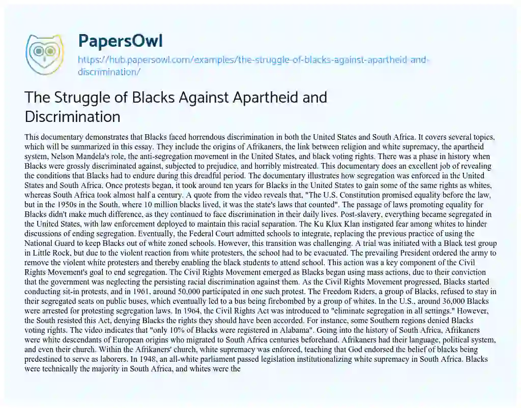 Essay on The Struggle of Blacks Against Apartheid and Discrimination