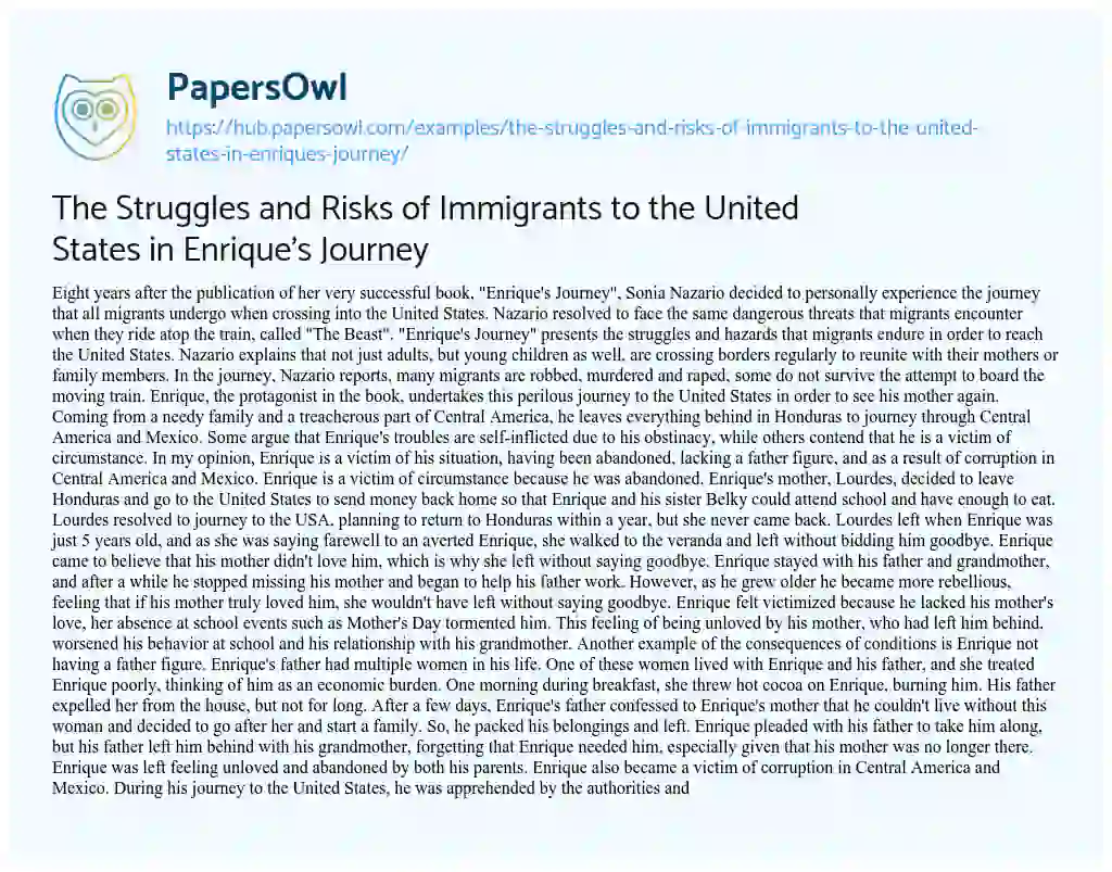 Essay on The Struggles and Risks of Immigrants to the United States in Enrique’s Journey