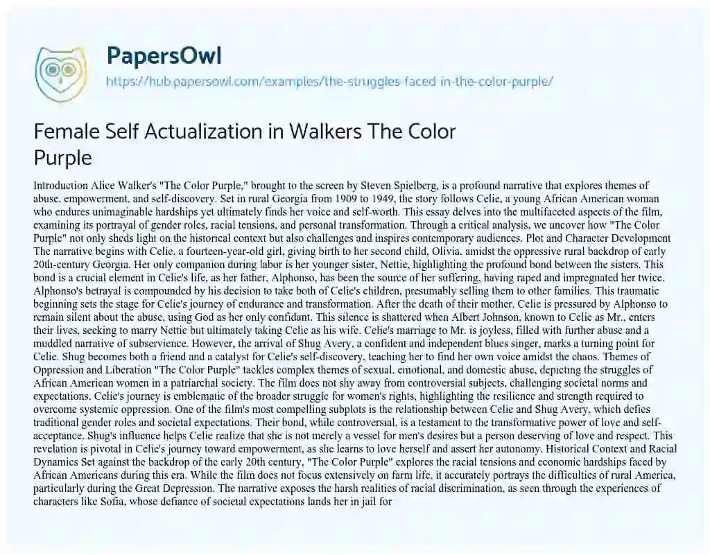 Essay on Female Self Actualization in Walkers The Color Purple
