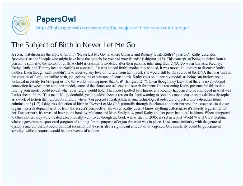 Essay on The Subject of Birth in Never Let Me Go