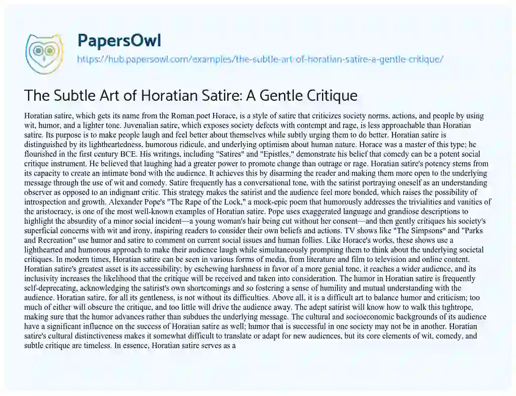 Essay on The Subtle Art of Horatian Satire: A Gentle Critique