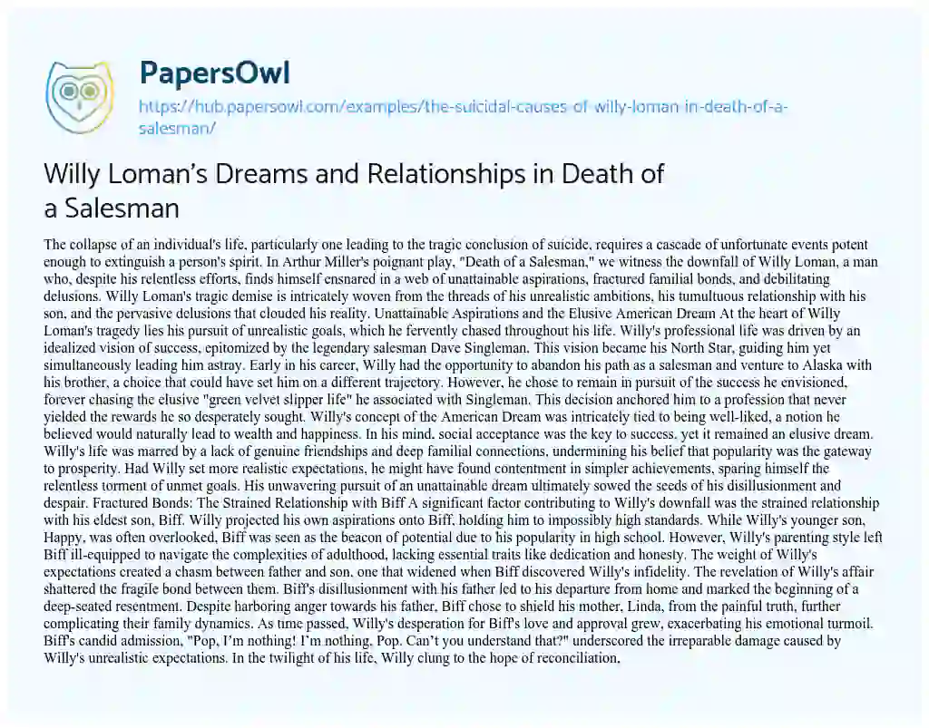 Essay on Willy Loman’s Dreams and Relationships in Death of a Salesman