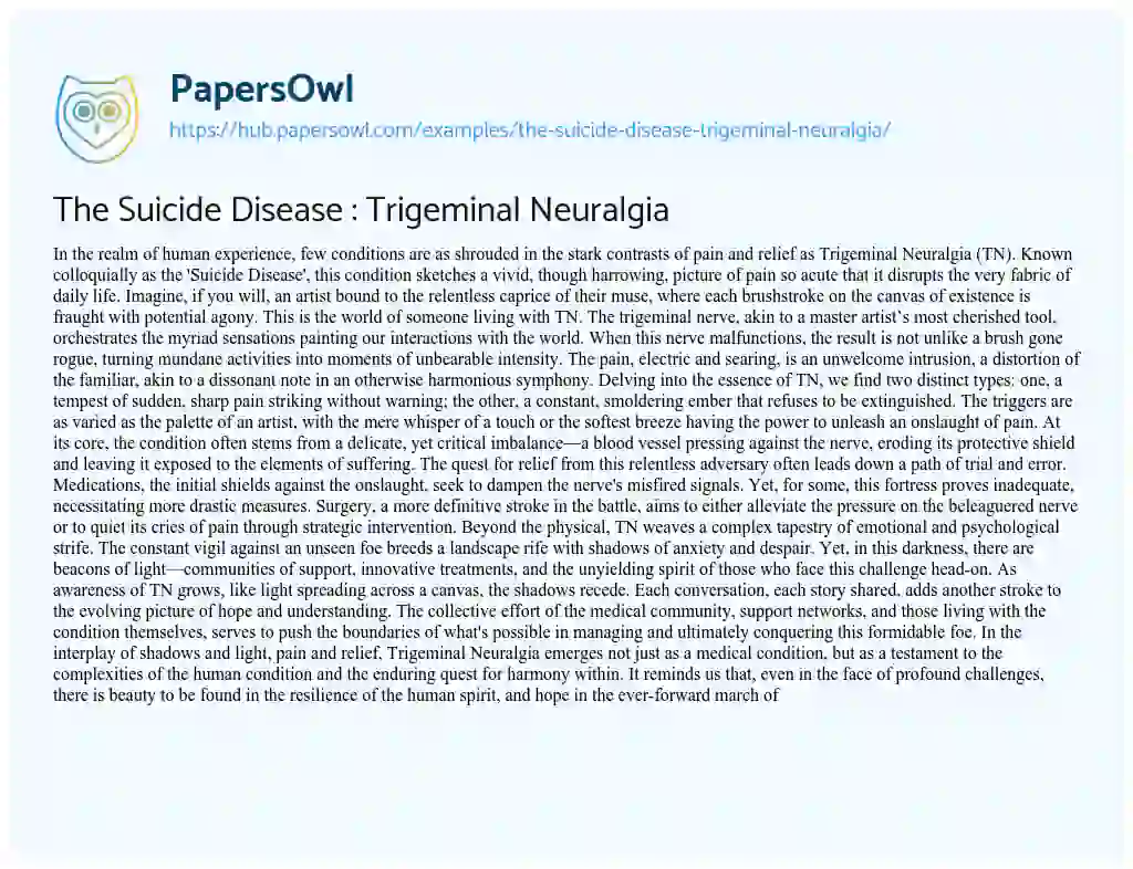 Essay on The Suicide Disease : Trigeminal Neuralgia