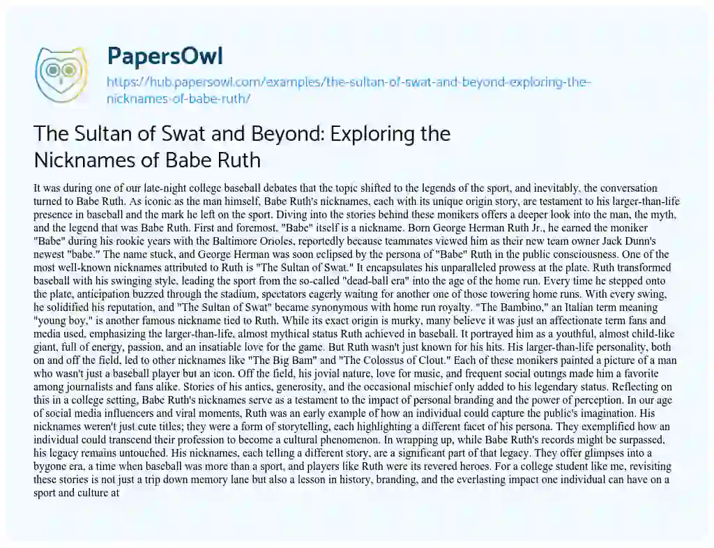 Essay on The Sultan of Swat and Beyond: Exploring the Nicknames of Babe Ruth