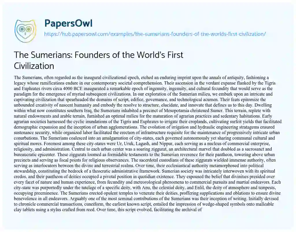 Essay on The Sumerians: Founders of the World’s First Civilization