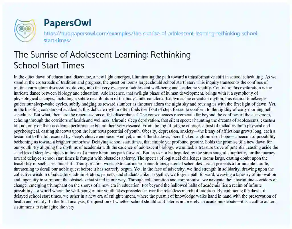 Essay on The Sunrise of Adolescent Learning: Rethinking School Start Times
