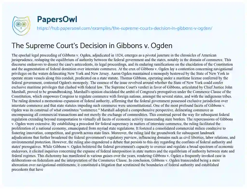 Essay on The Supreme Court’s Decision in Gibbons v. Ogden