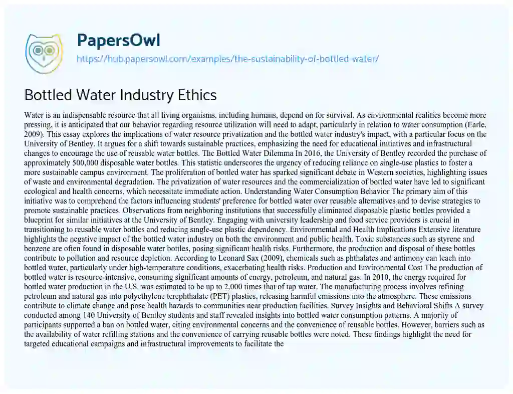 Essay on Bottled Water Industry Ethics