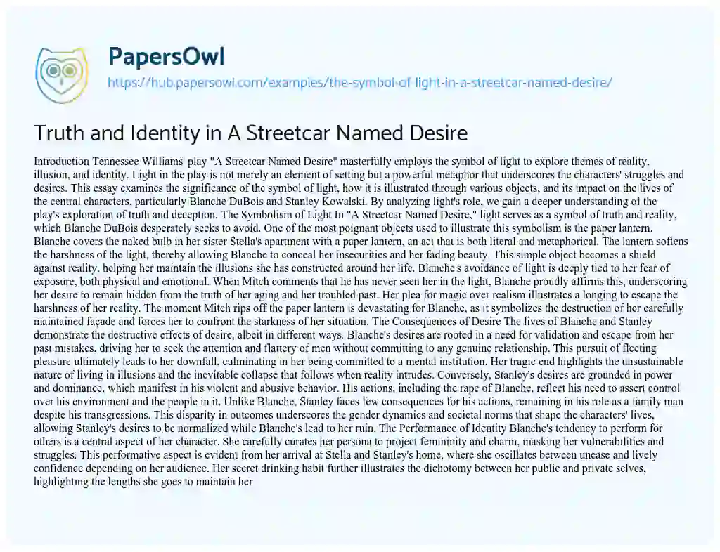 Essay on Truth and Identity in A Streetcar Named Desire
