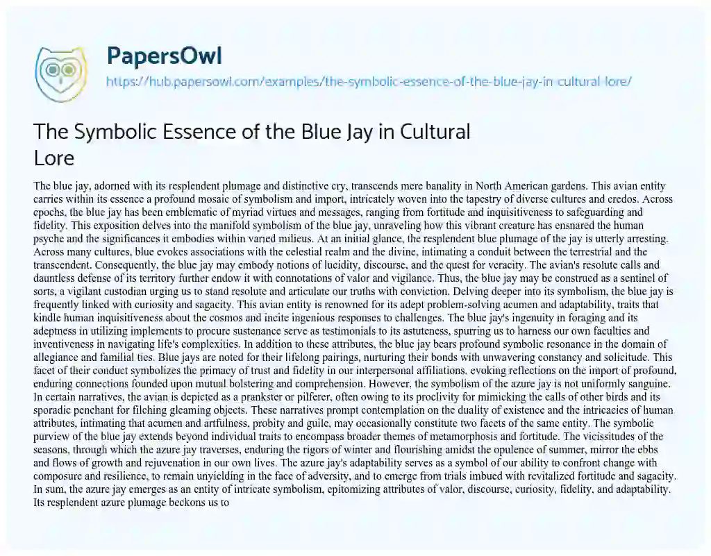 Essay on The Symbolic Essence of the Blue Jay in Cultural Lore