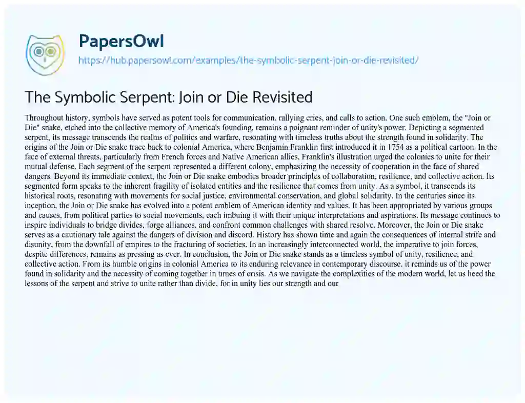 Essay on The Symbolic Serpent: Join or Die Revisited
