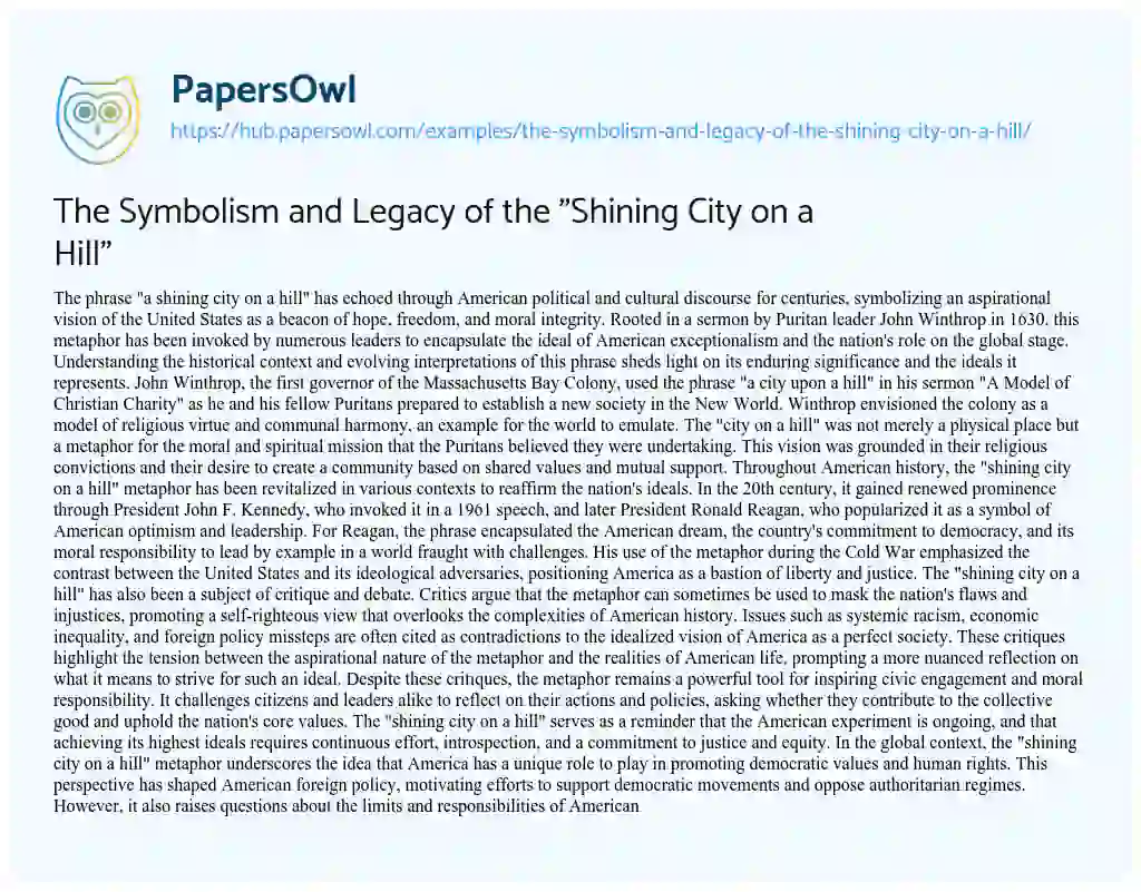 Essay on The Symbolism and Legacy of the “Shining City on a Hill”