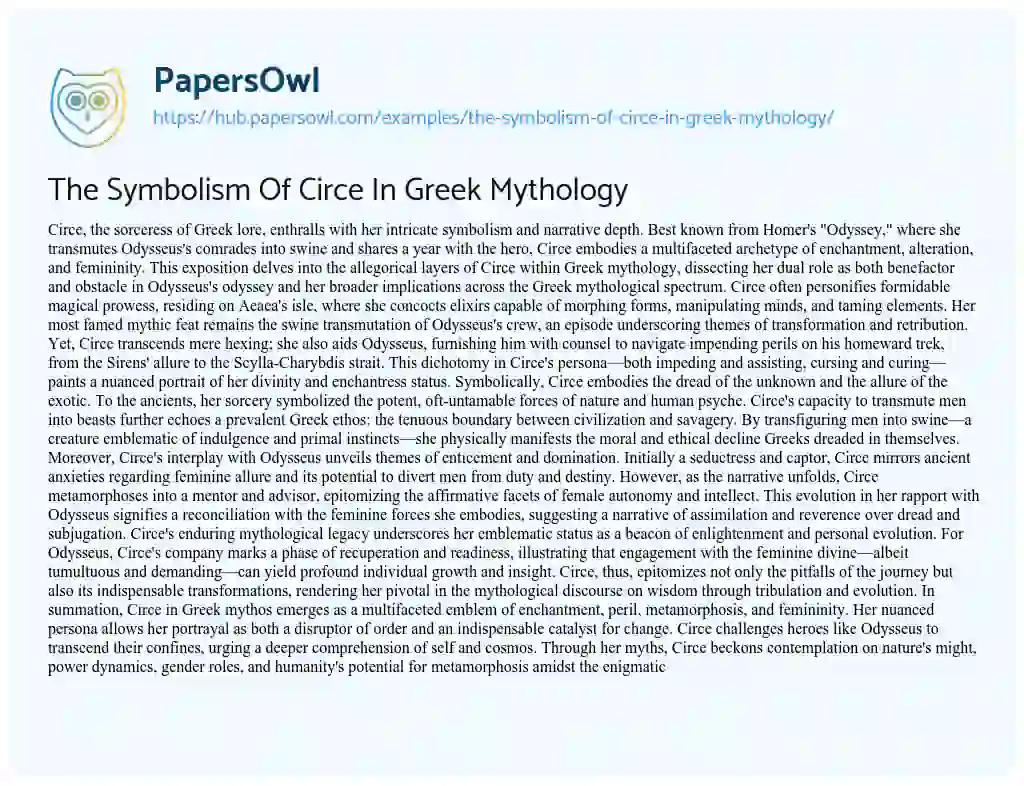 Essay on The Symbolism Of Circe In Greek Mythology