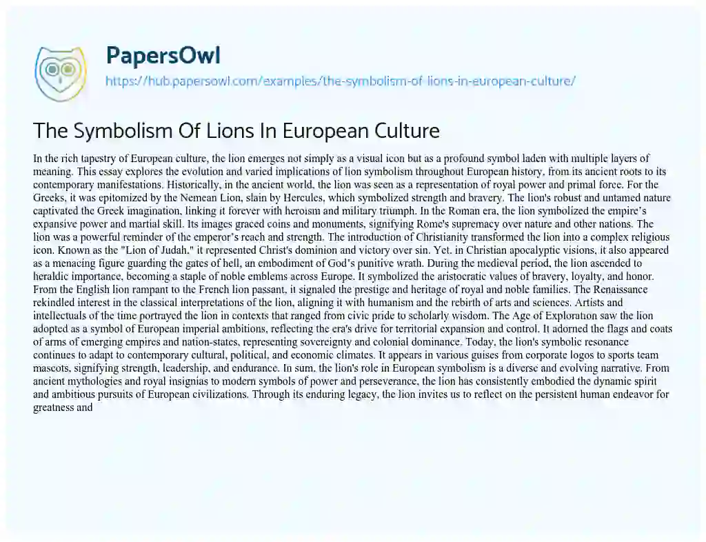 Essay on The Symbolism Of Lions In European Culture