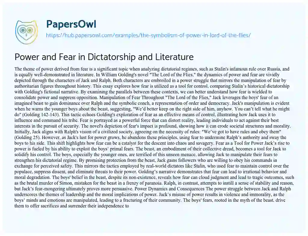 Essay on Power and Fear in Dictatorship and Literature