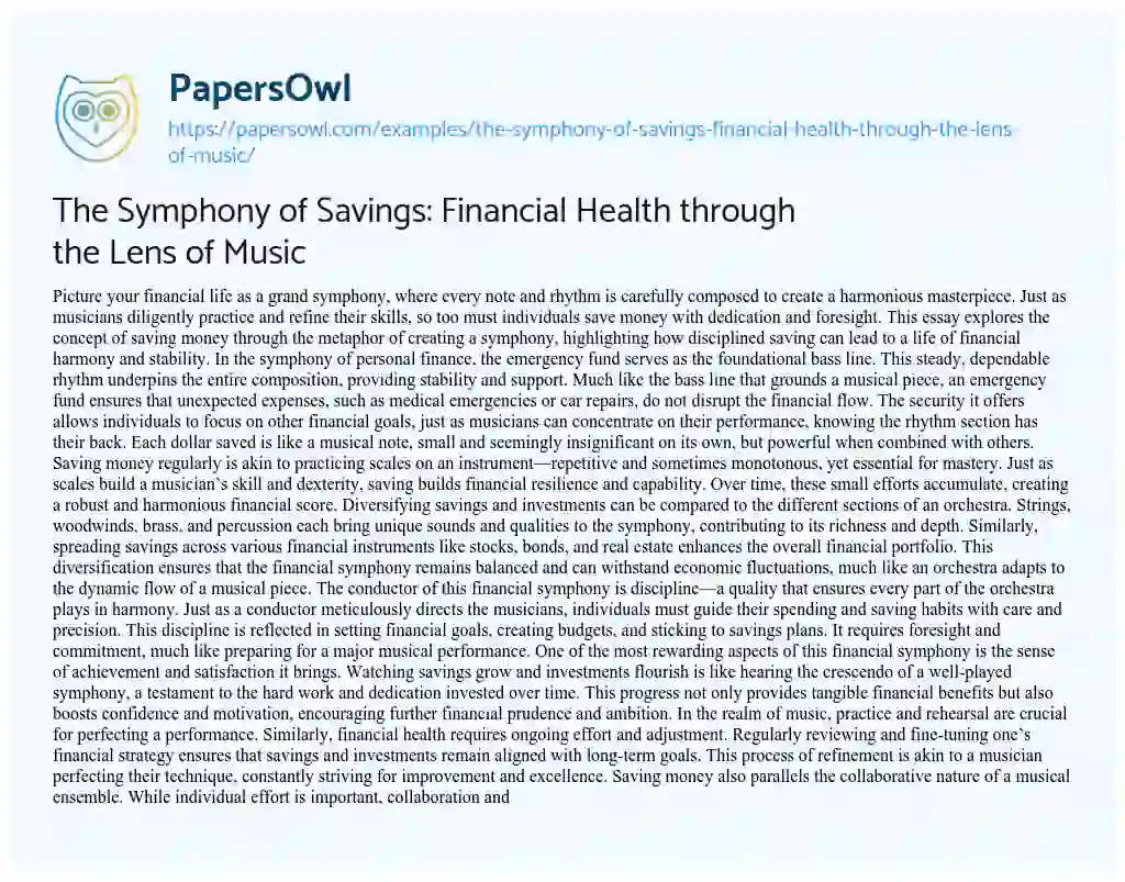 Essay on The Symphony of Savings: Financial Health through the Lens of Music