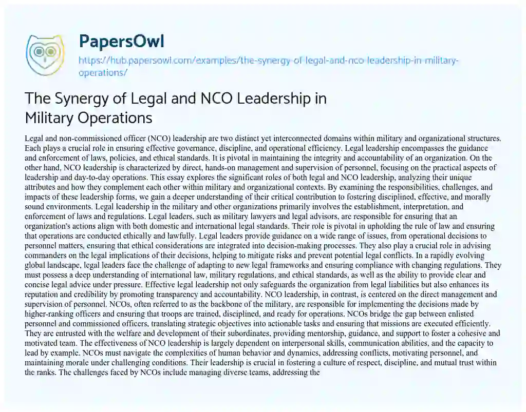 Essay on The Synergy of Legal and NCO Leadership in Military Operations