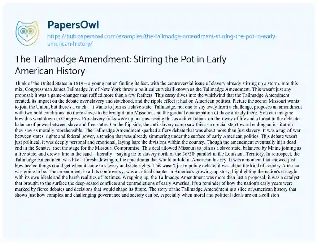 Essay on The Tallmadge Amendment: Stirring the Pot in Early American History