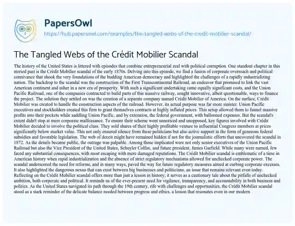Essay on The Tangled Webs of the Crédit Mobilier Scandal