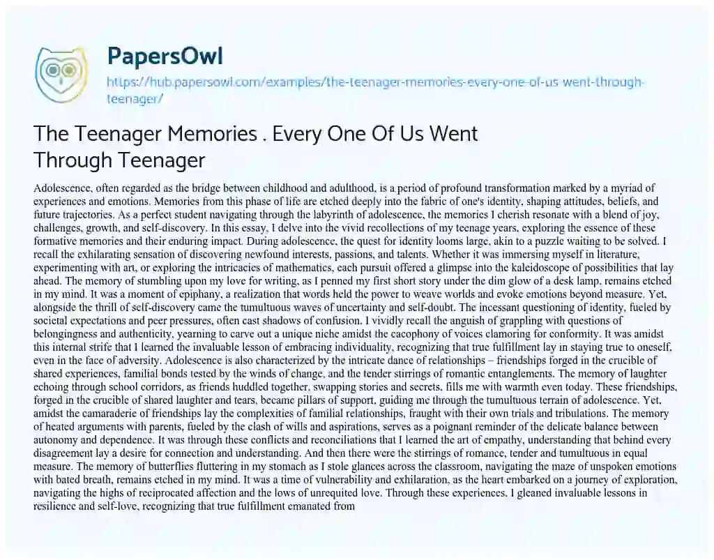 Essay on The Teenager Memories . Every One Of Us Went Through Teenager